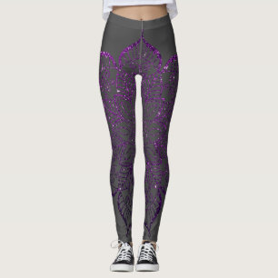 Dark Raspberry Faux Glitter Mandala on Dark Gray Leggings