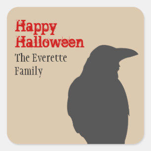 Dark raven bird silhouette happy halloween favour square sticker
