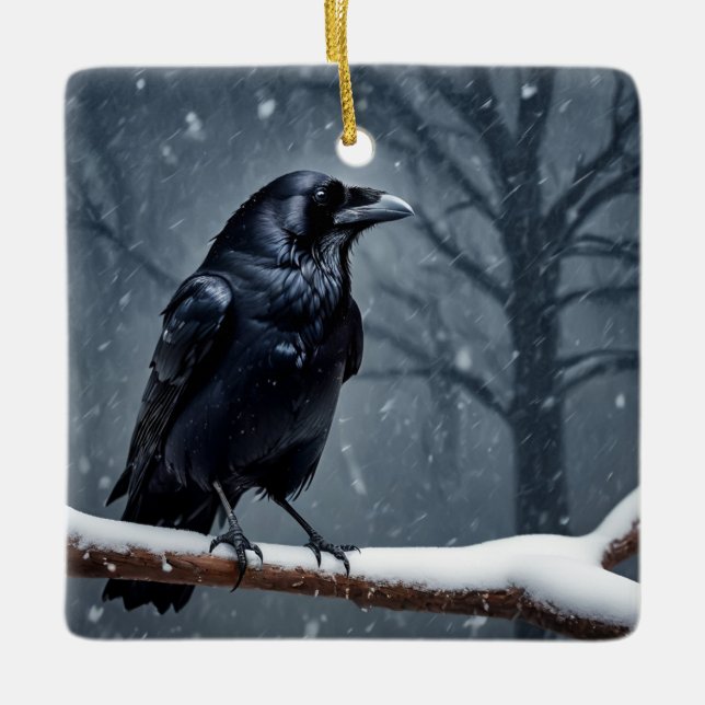 Dark Raven Black Bird Ceramic Ornament (Front)