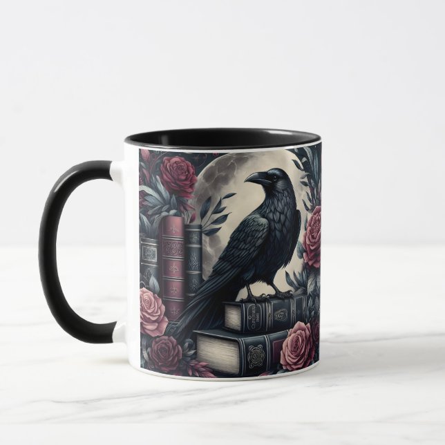 Dark Raven on Old Books Mug (Left)