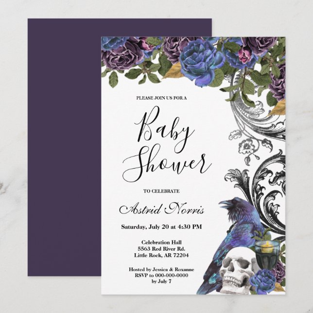 Dark Raven Purple Roses Baby Shower Invitation (Front/Back)
