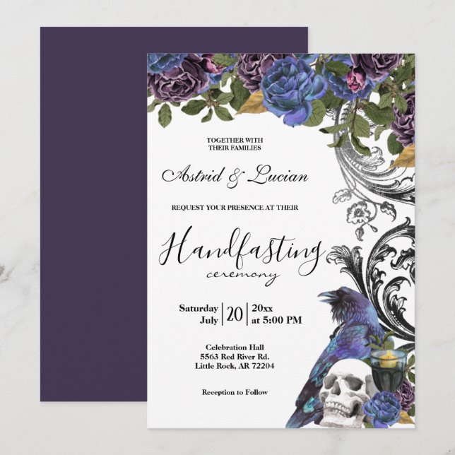Dark Raven Purple Roses Handfasting Invitation (Front/Back)