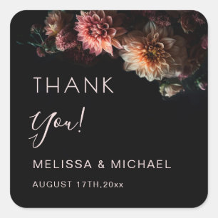 Dark Realistic Flowers Wedding Thank You Square Sticker