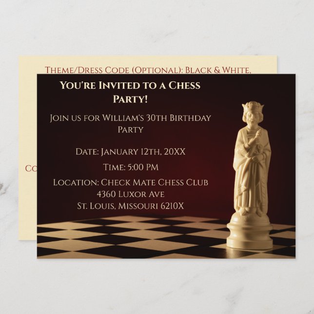 Dark Red  30th Birthday Party Chess King Invitation (Front/Back)