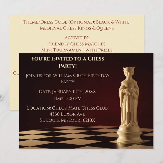 Dark Red 30th Birthday Party Chess Queen Invitation (Front/Back)
