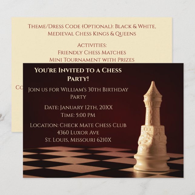 Dark Red 30th Birthday Party Chess Rook  Invitation (Front/Back)