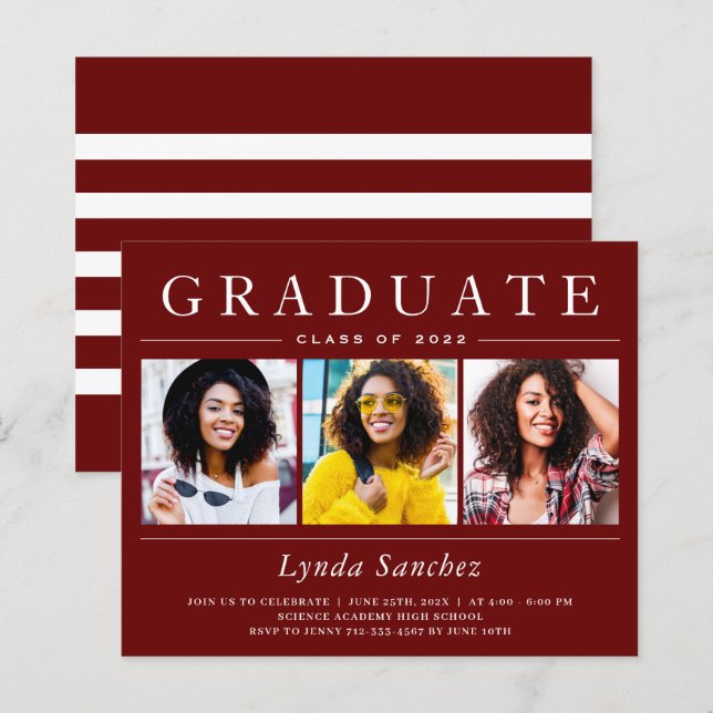 Dark Red 3 Photo Graduation Invitation (Front/Back)