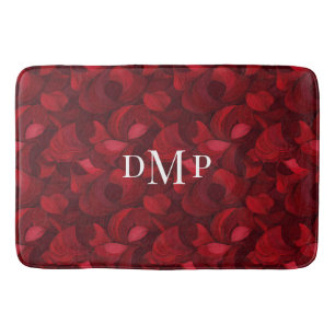 Dark Red Abstract Leaf Pattern Monogrammed Bath Mat
