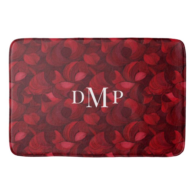 Dark Red Abstract Leaf Pattern Monogrammed Bath Mat (Front)