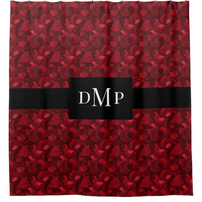 Dark Red Abstract Leaf Pattern Monogrammed Shower Curtain (Front)