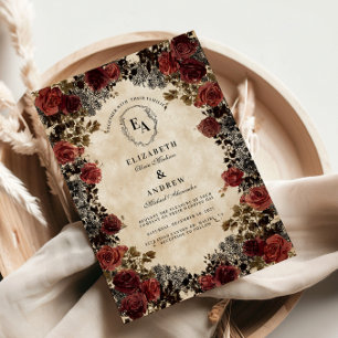 Dark Red and Black Lace Rose Wedding Invitation