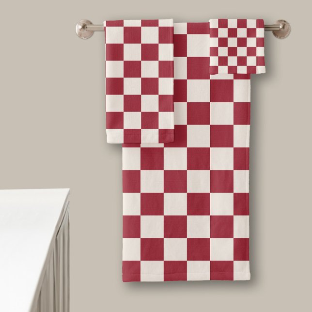 Dark Red and Cream Chequered Pattern Bath Towel Set (Dark Red and Cream Checkered Pattern Bath Towel Set in situ)