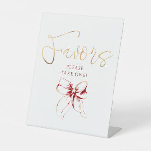 Dark Red and Gold Bow Bridal Shower Favors Pedestal Sign