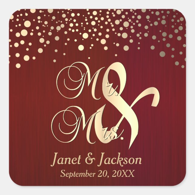 Dark Red and Gold Confetti Dots Square Sticker (Front)