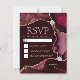Dark Red and Gold Glitter Agate Birthday Party RSVP Card