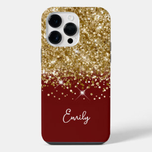 Dark Red and Gold Glitter Glam iPhone 14 Pro Max Case