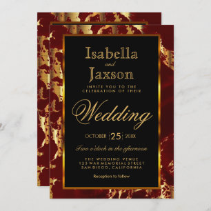 Dark Red and Gold Marble and Black Invitation
