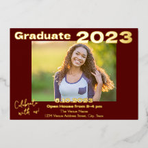 Dark Red and Gold Photo Graduation Invitation Card