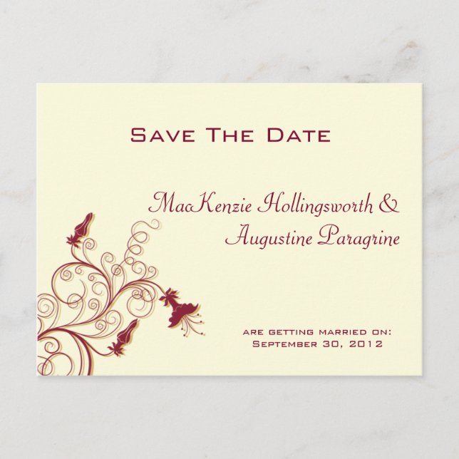 Dark Red and Gold Swirls Save The Date Announcement Postcard (Front)