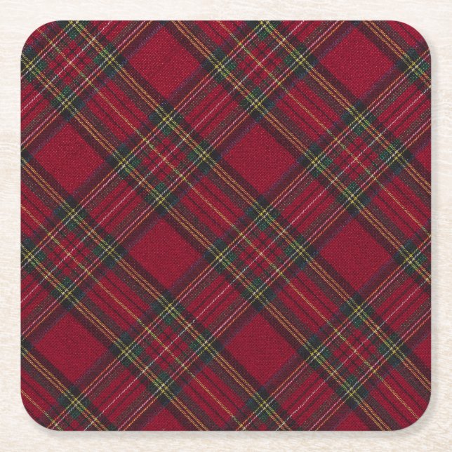 Dark Red and green  Christmas plaid  Square Paper Coaster (Front)