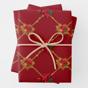 Dark Red and Green Gold Poinsettia Christmas  Wrapping Paper Sheet