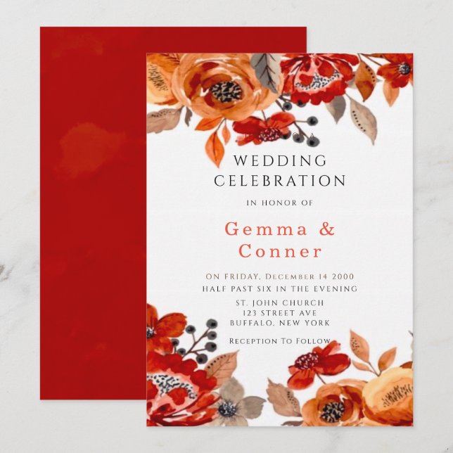 Dark Red and Orange Floral Wedding Invitation (Front/Back)