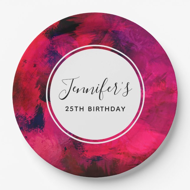 Dark Red and Purple Bold Modern Abstract Birthday Paper Plate (Front)