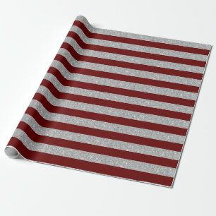 Dark Red and Silver Glitter Stripes Wrapping Paper