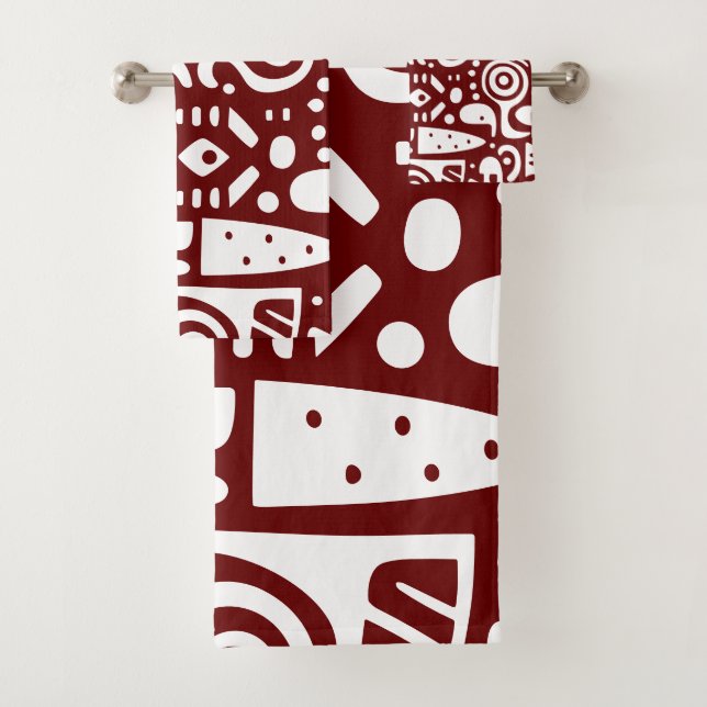 Dark red and white doodles 4 bath towel set (Insitu)