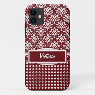 Dark Red and White Floral Art Deco Damask iPhone 11 Case