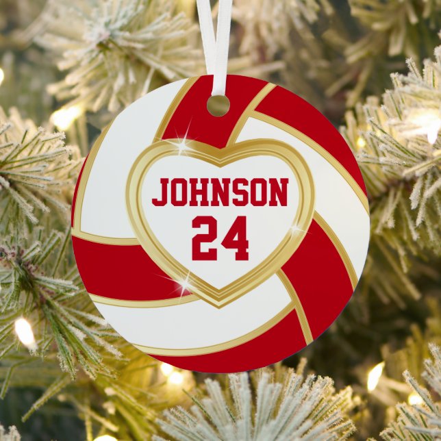 Dark Red and White Heart with Gold - Volleyball Metal Tree Decoration (Insitu)