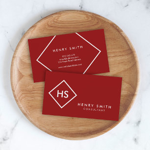 Dark Red and White Minimalist Geometric Monogram Business Card