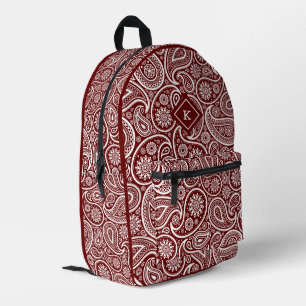 Dark-red and white paisley pattern monogram printed backpack