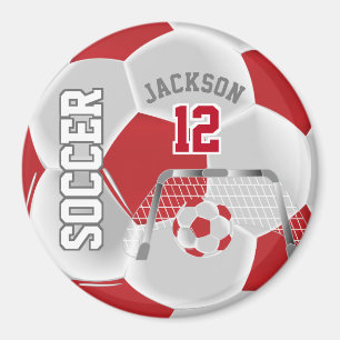 Dark Red and White Personalise Soccer Ball Magnet