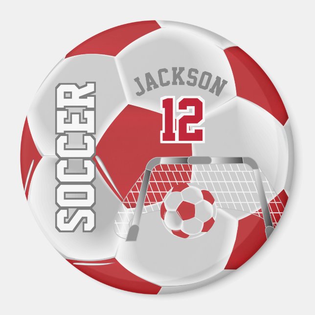 Dark Red and White Personalise Soccer Ball Magnet (Front)