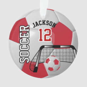 Dark Red and White Personalise Soccer Ball Ornament