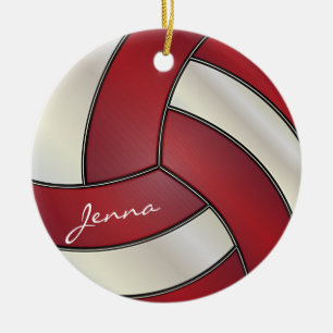 Dark Red and White Personalise Volleyball Ceramic Tree Decoration