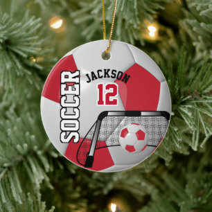 Dark Red and White Soccer Ball Ceramic Tree Decoration