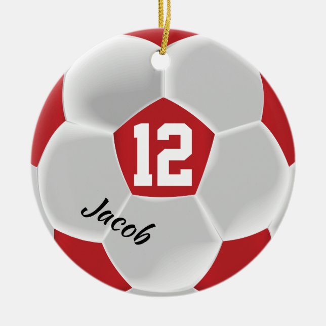 Dark Red and White Soccer Ball Ceramic Tree Decoration (Front)