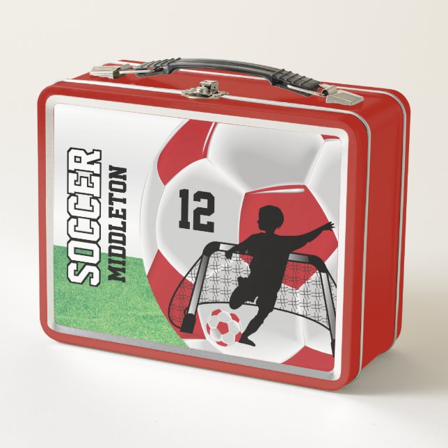 Dark Red and White Soccer Ball ⚽ Metal Lunch Box (Front)