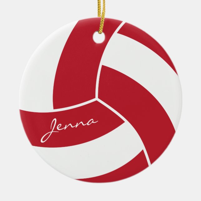 Dark Red and White Volleyball Ceramic Tree Decoration (Front)