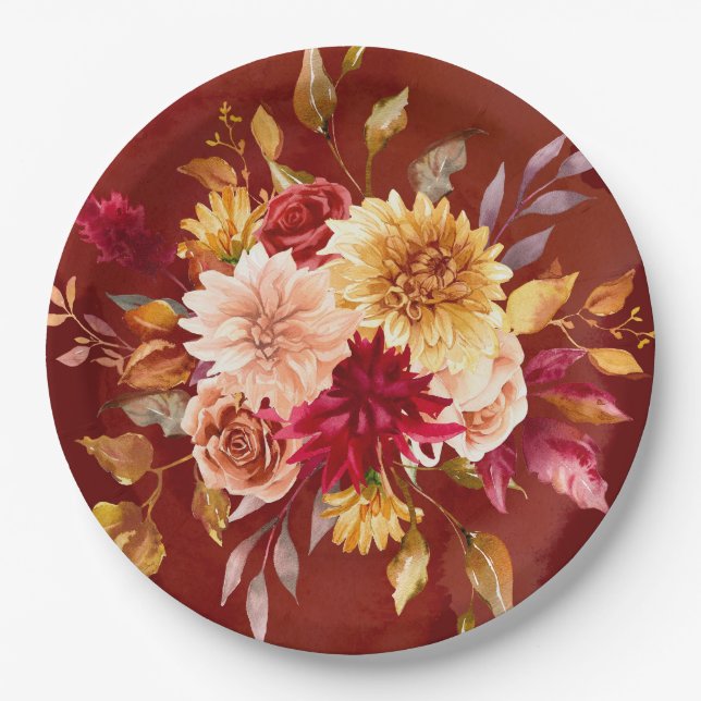 Dark Red and Yellow Dahlia Flowers Wedding Paper Plate (Front)