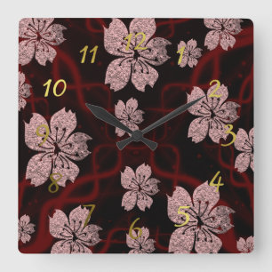 dark red asian blossom square wall clock