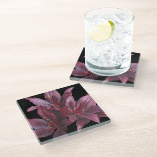 Dark Red Asiatic Lilies on Black Floral Glass Coaster