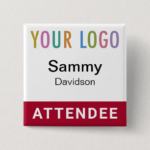 Dark Red Attendee Badge Event Logo Pinback Square