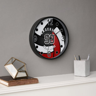 Dark Red, Black and White Volleyball   Clock