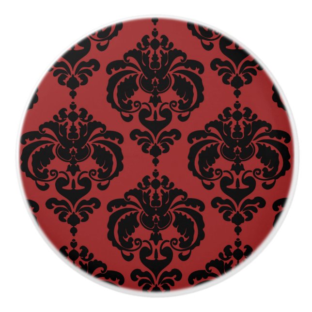 Dark Red & Black Damask Elegant Bedroom Dresser Ceramic Knob (Front)