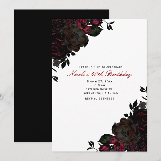 Dark Red & Black Flowers Floral Gothic Invitations (Front/Back)