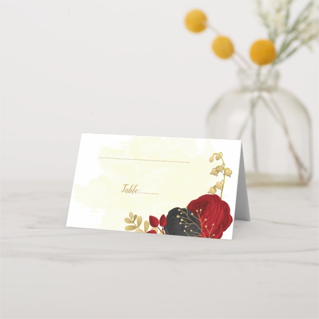 dark red & black flowers gold botanical wedding pl place card (Front)