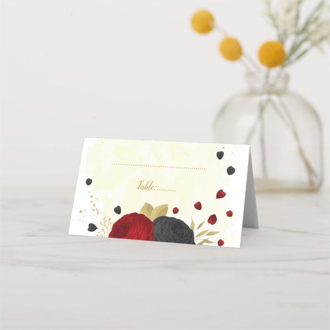 dark red & black flowers gold botanical wedding place card (Front)